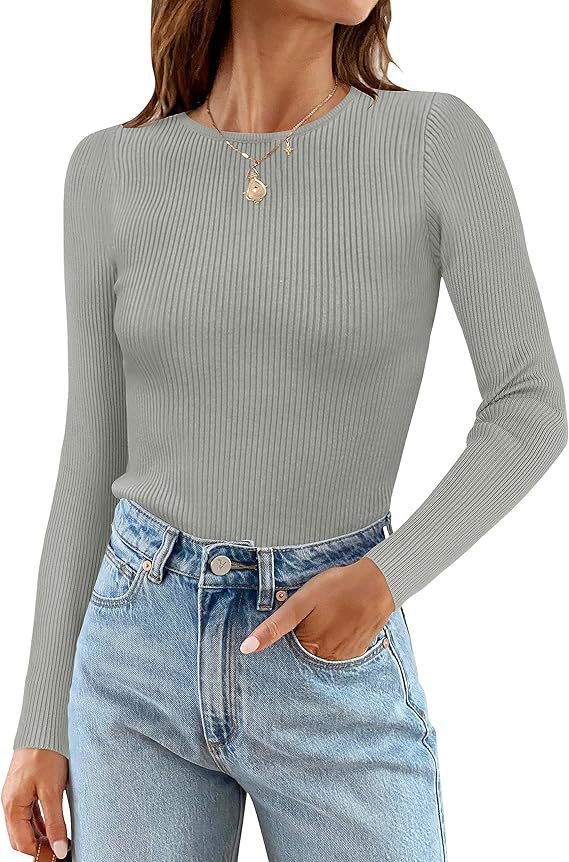 Woman Long Sleeve Ribbed Top with Classic Round Neck and Fitted Cut Lune London