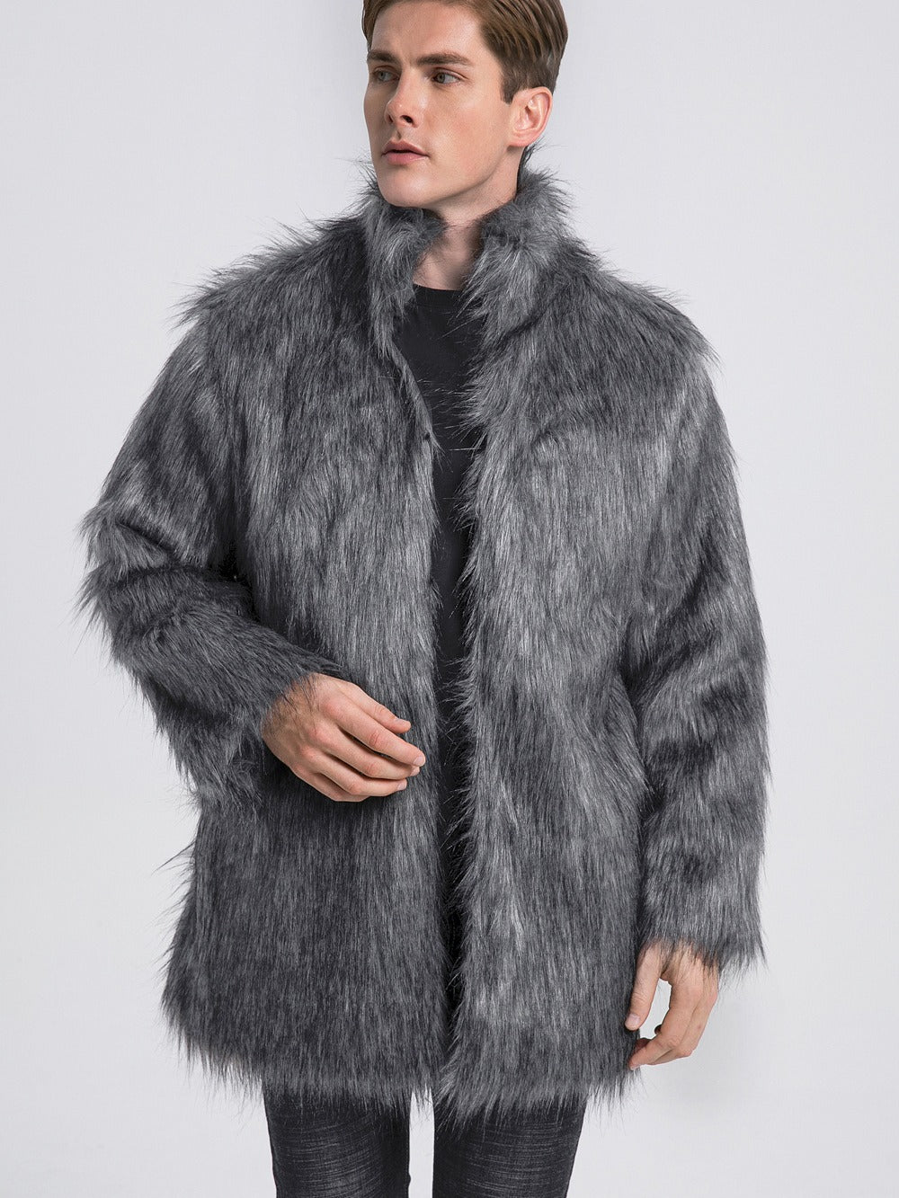Men's Elegant Faux Fur Coat with Wide Collar Lune London