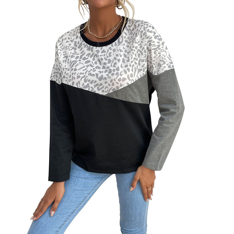 Chemise longue à manches longues pour femmes avec impression léopard créative et rayures en blocs Chic & Stil
