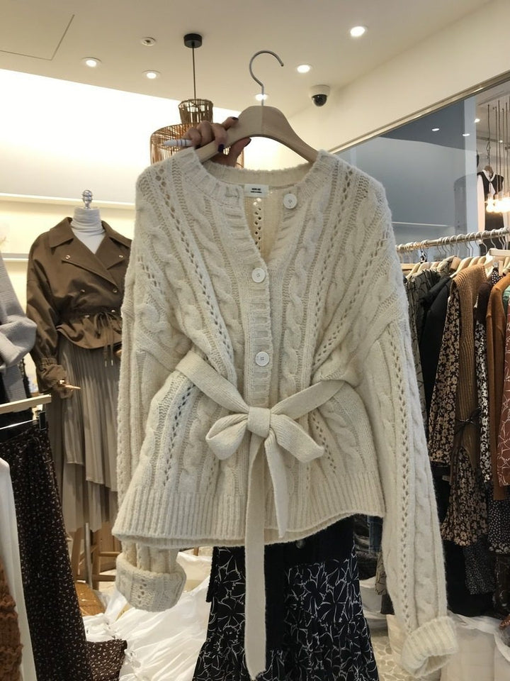 Knitted women's jacket with waist belt and embossed pattern Lune London