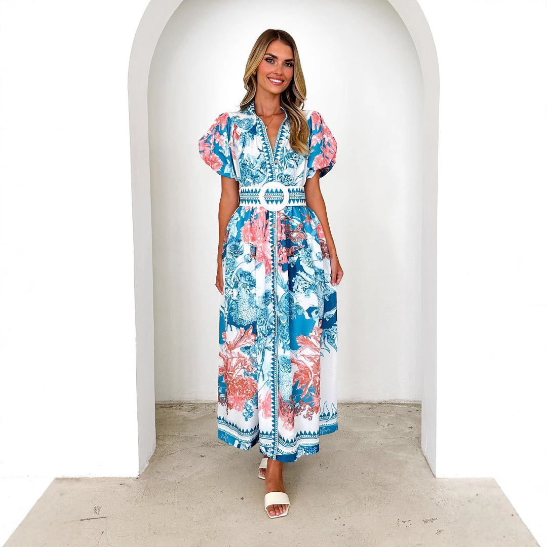 Elegant maxi dress for women with floral patterns and voluminous sleeves Chic & Stil