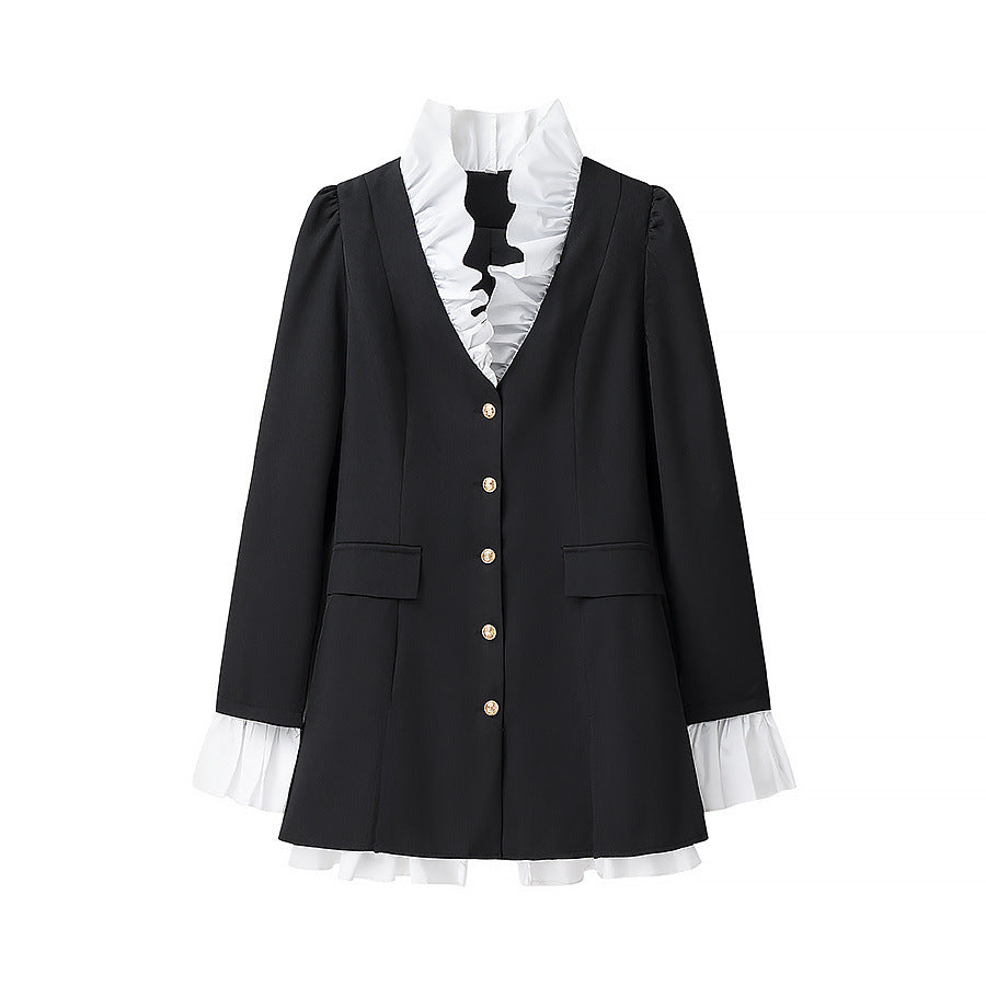 Fashionable blazer jacket for women with ruffle details and chic elegant buttons