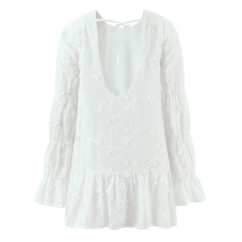 Airy blouse dress for women with floral embroidery and ruffled sleeves Lune London