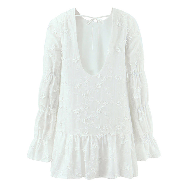 Airy blouse dress for women with floral embroidery and ruffled sleeves Lune London