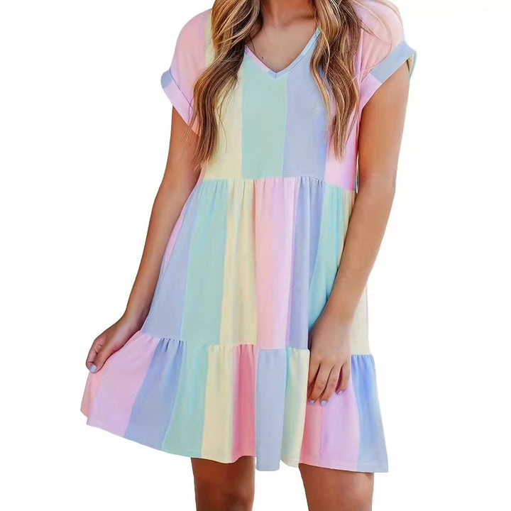 Casual summer dress for women with a modern striped design, featuring a V-neck and ruffles Lune London