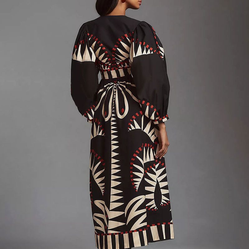 Maxi dress for women with an original geometric pattern and an elegant button placket Lune London