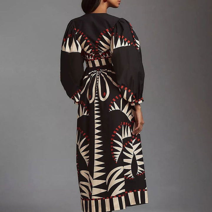 Maxi dress for women with an original geometric pattern and an elegant button placket Lune London