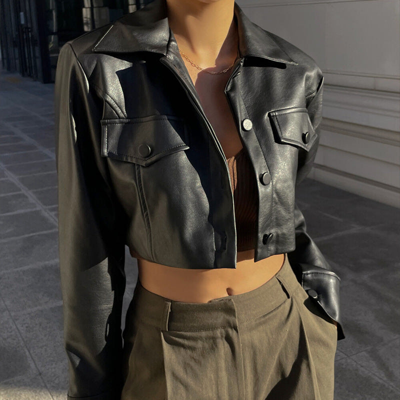 Cropped leather jacket for women with chest pockets Lune London