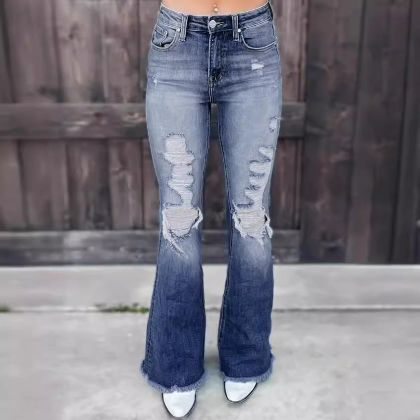 Women's flared jeans with distressed effects and frayed hem Lune London