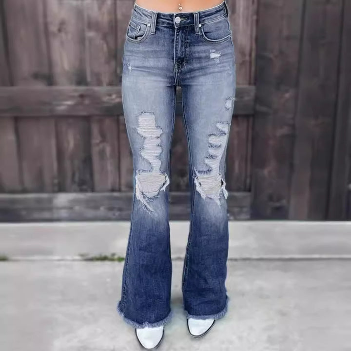 Women's flared jeans with distressed effects and frayed hem Lune London