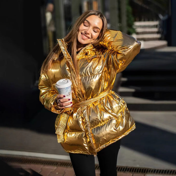 Ladies Shiny Winter Coat with Oversized Fit and Hood Lune London
