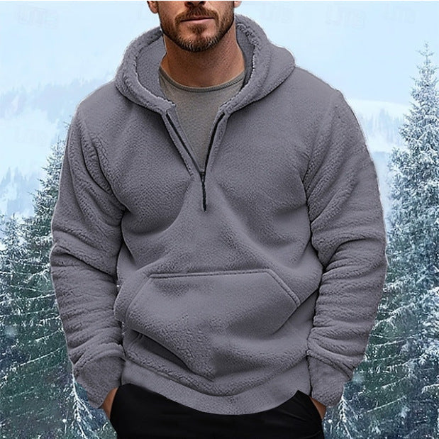 Men's Cozy Fleece Hooded Sweatshirt with Mid-Length Zip Lune London