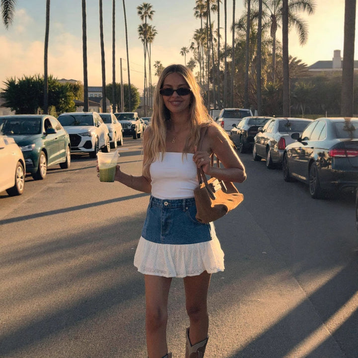 Women's mini denim skirt with voluminous ruffled hem and tailored fit Lune London
