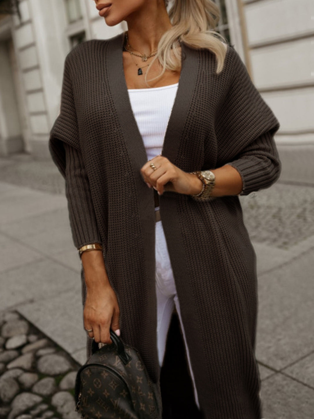 Long Sleeve Knitted Jacket for Women with Open Cut and Waffle Pattern Lune London