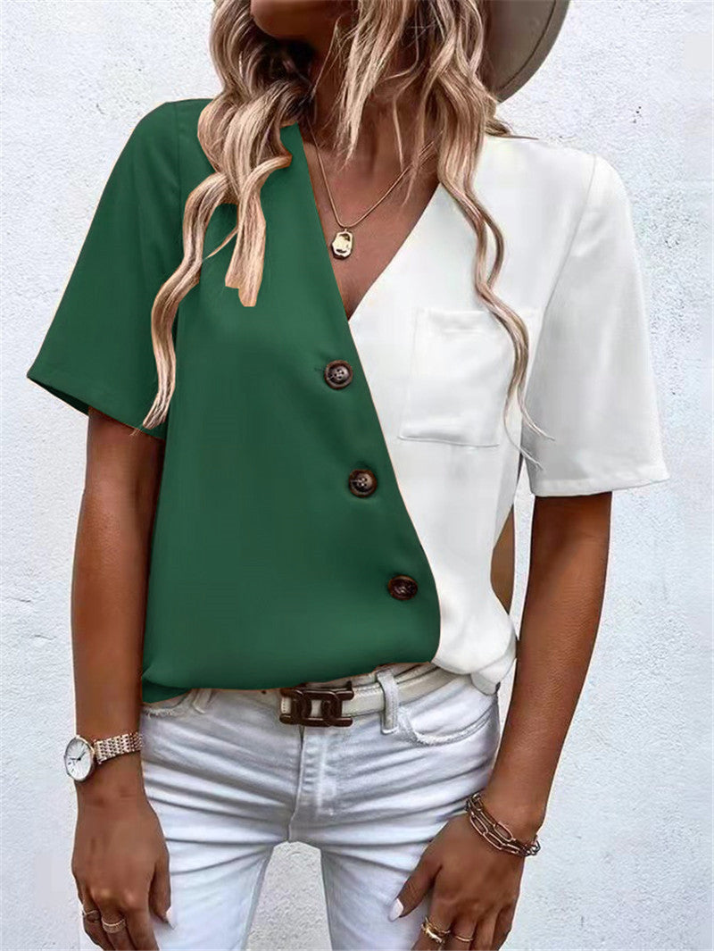 Short-sleeve women's blouse with asymmetrical cut and button details Lune London