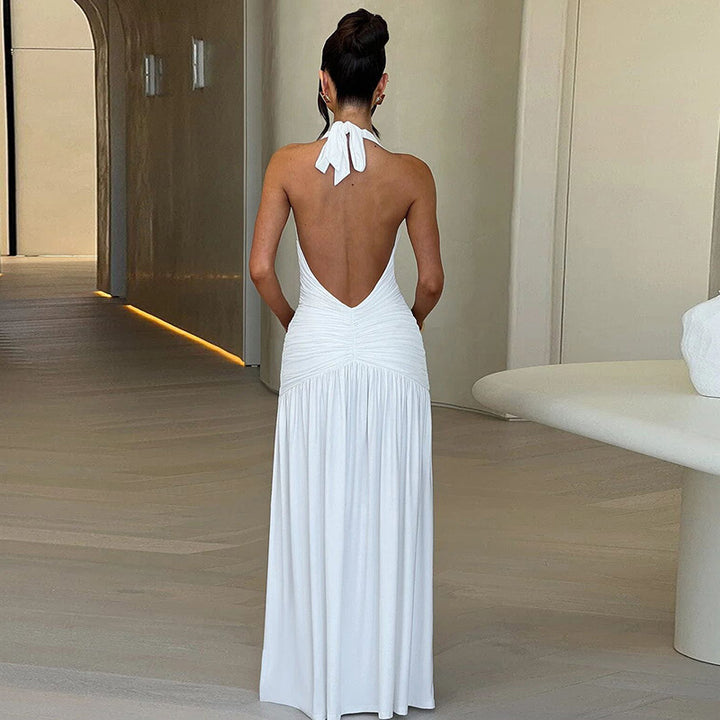 Elegant Woman Maxi Dress with refined ruffle details and a high slit Lune London