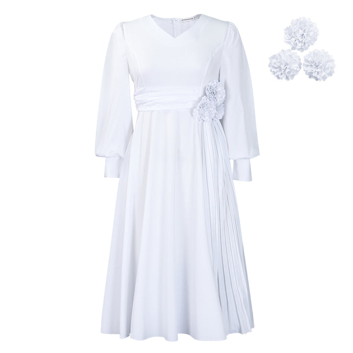 Elegant dress for women with decorative floral accent and draping Lune London