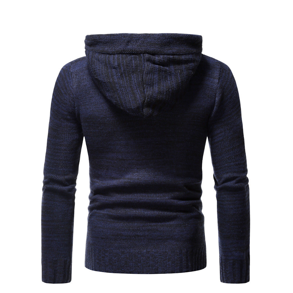 Trendy knitted sweater for men with a soft hooded collar and decorative button details Lune London
