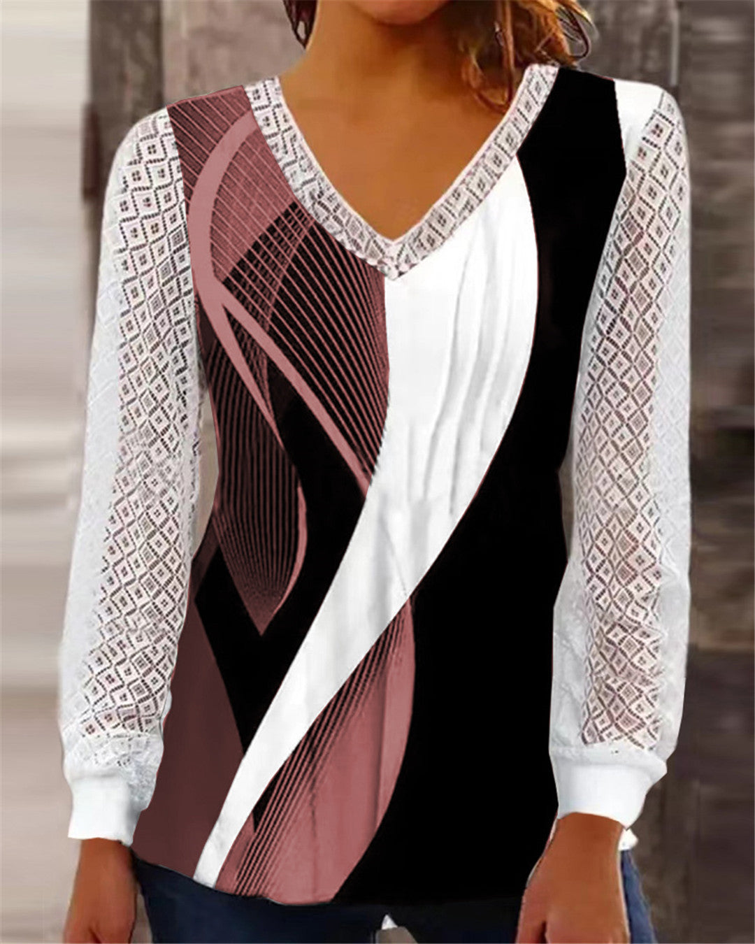 Ladies V-neck long sleeve top with an attractive geometric pattern Lune London