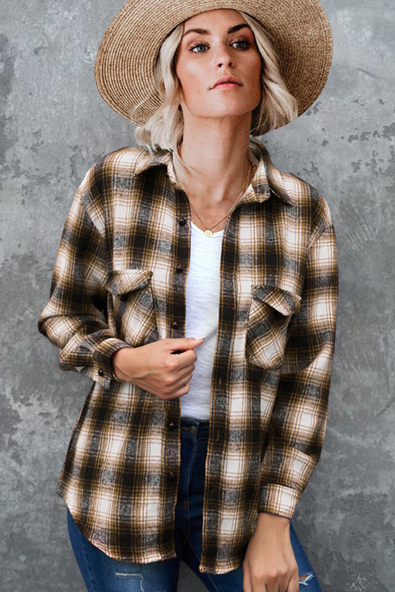 Vintage style women's flannel shirt with check pattern and chest pockets Lune London