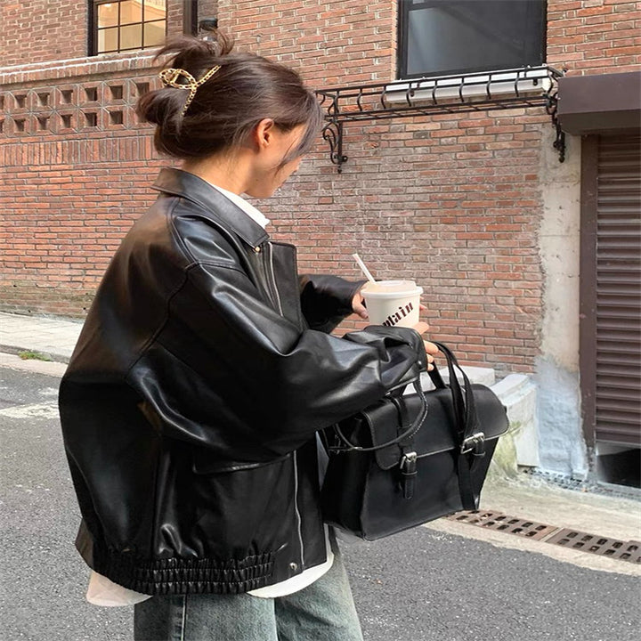 Women's Fashion Leather Jacket with Oversized Sleeves and Elastic Hem Chic & Stil