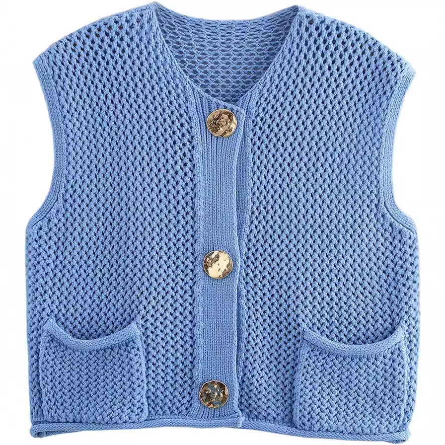 Ladies knitted vest with decorative buttons and pockets Lune London