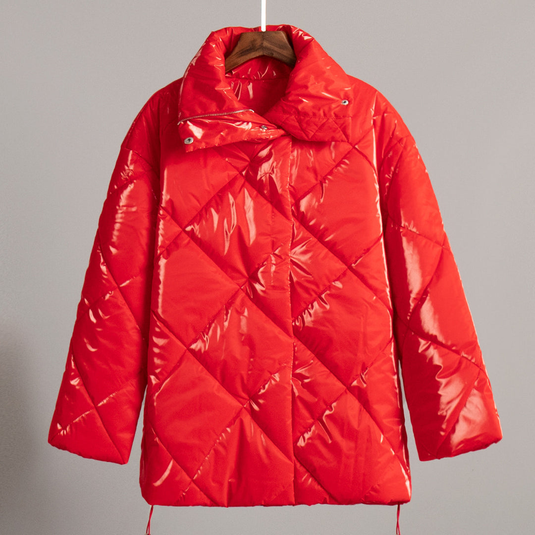 Ladies padded quilted jacket with high collar and practical pockets Lune London