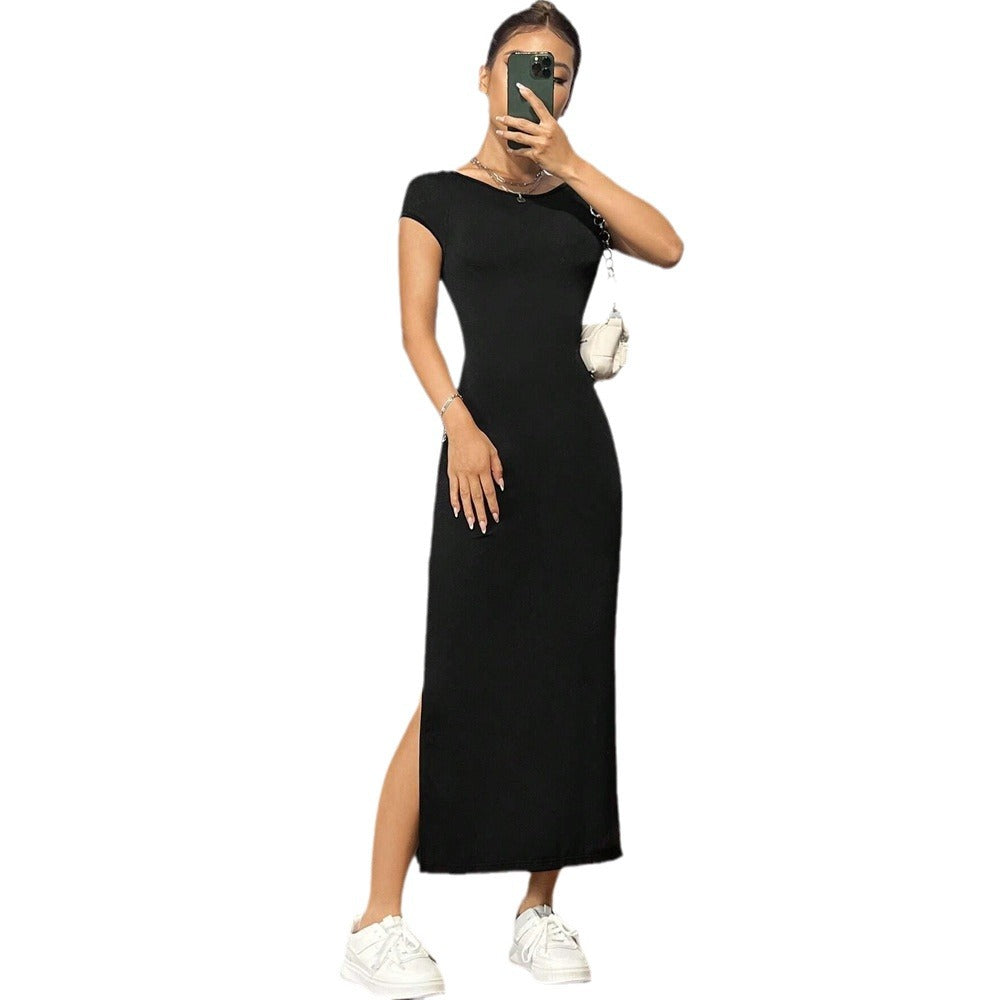 Robe maxi femme en jersey extensible avec une coupe ajustée et un col rond Chic & Stil