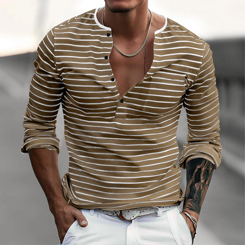 Striped long-sleeved shirt for men with button placket and V-neck Lune London