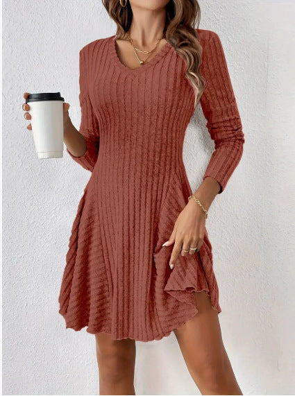 Knit dress for women with V-neckline and ruffle details Lune London