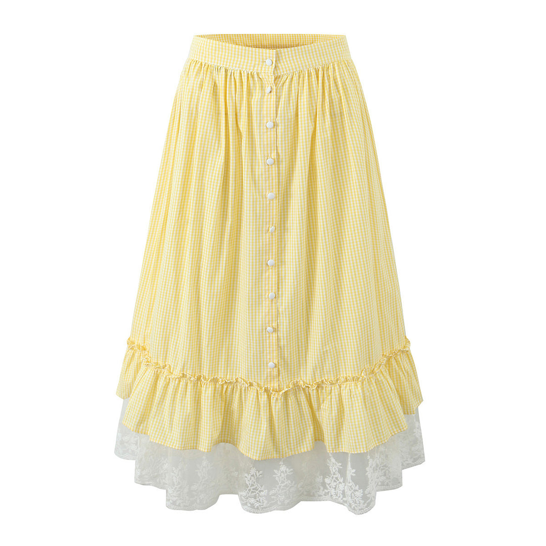Midi skirt for women with ruffled hem and elegant lace trim Lune London