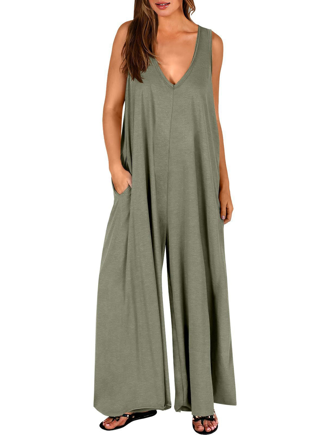 Ladies lightweight jumpsuit with deep V-neck and side pockets Lune London