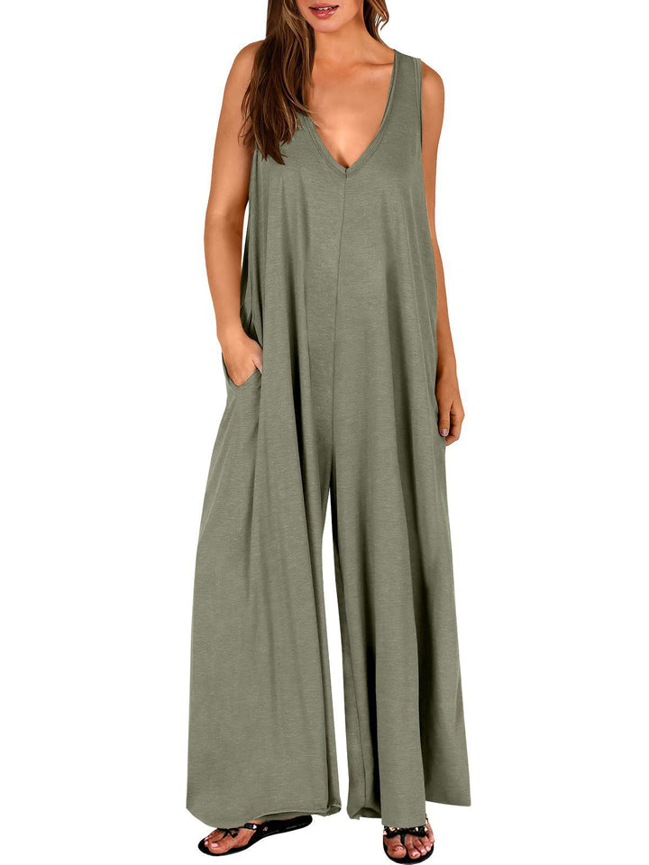 Ladies lightweight jumpsuit with deep V-neck and side pockets Lune London