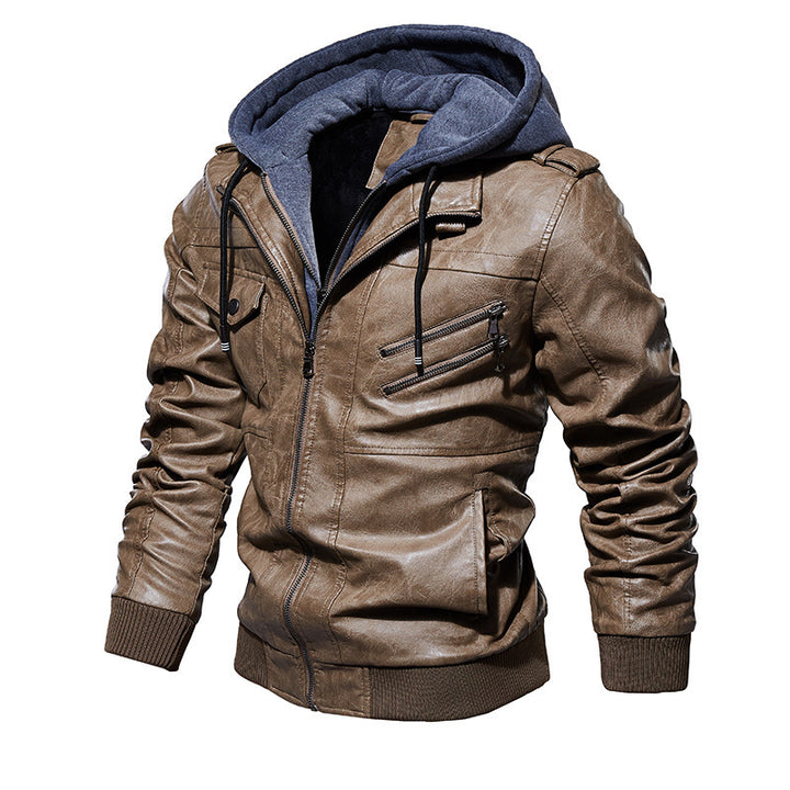 Casual synthetic leather jacket for men with removable hood and multiple pockets Lune London