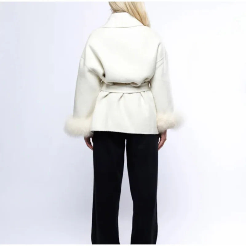 Ladies Elegant tie jacket with faux fur sleeves Lune London