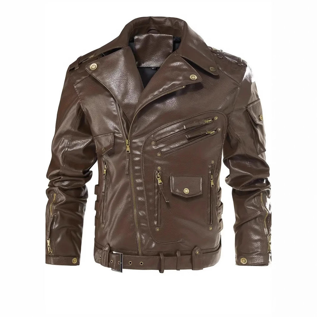 Stylish biker jacket for men with multiple zippered pockets and belt detail Lune London