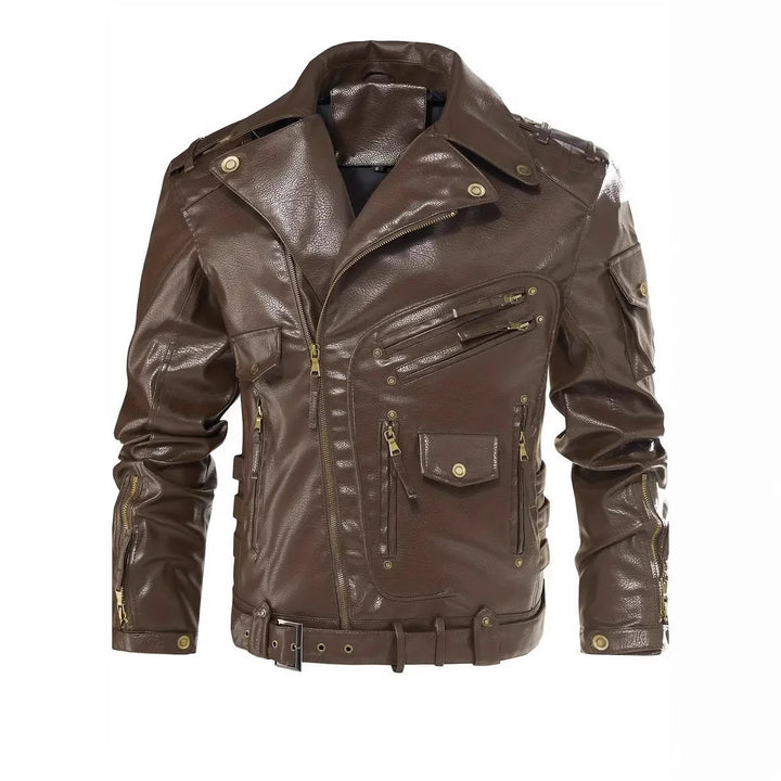 Stylish biker jacket for men with multiple zippered pockets and belt detail Lune London