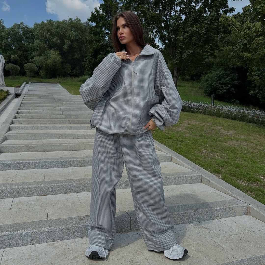 Ladies Oversized Checkered Pattern Tracksuit Lune London