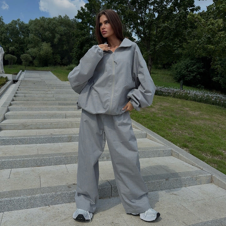 Ladies Oversized Checkered Pattern Tracksuit Lune London