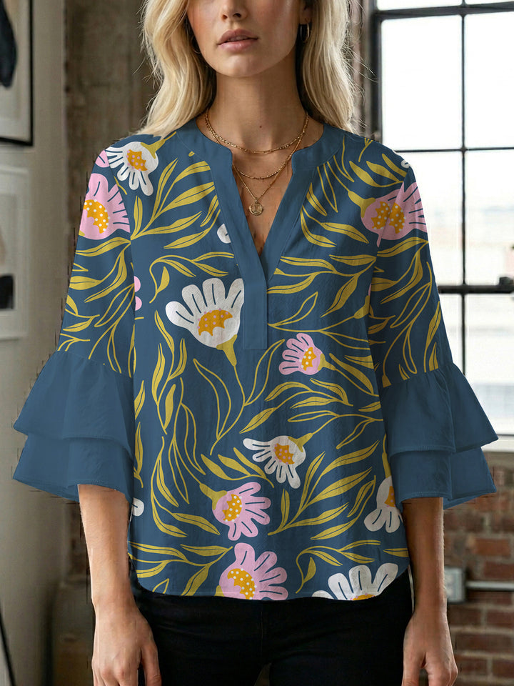Women Elegant Top with Voluminous Puff Sleeves and Floral Print Lune London