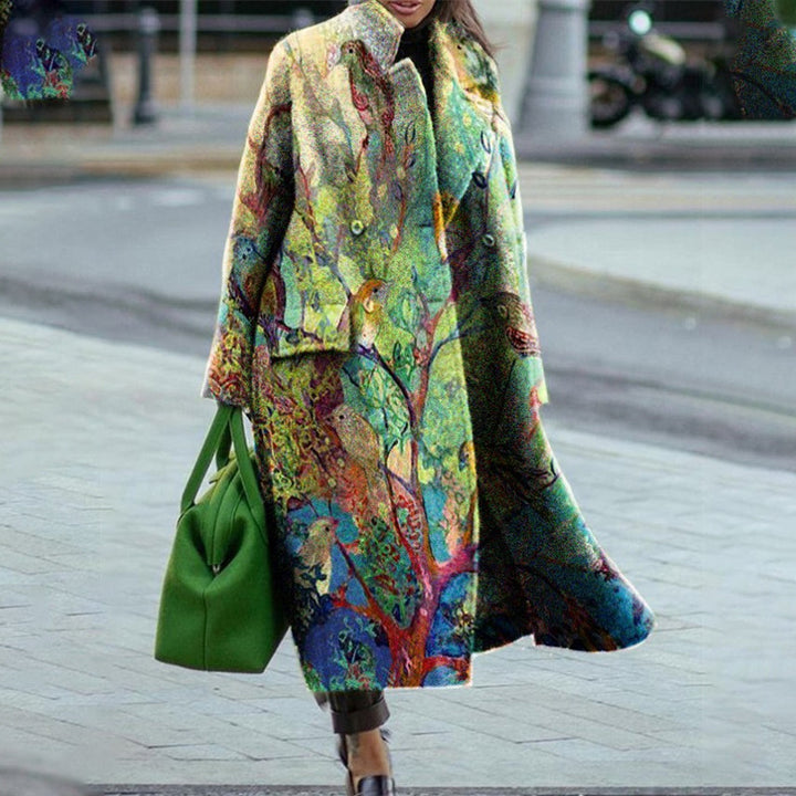 Maxi floral dress for women with an elegant notched collar and a flared hem Lune London