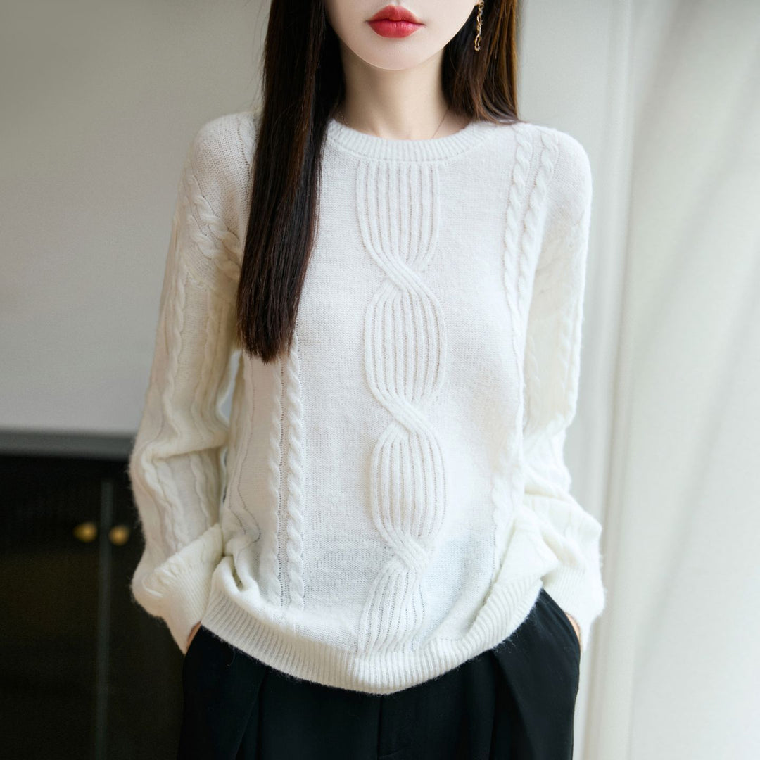 Pull en tricot pour femmes avec motif en cable unique et col rond Chic & Stil
