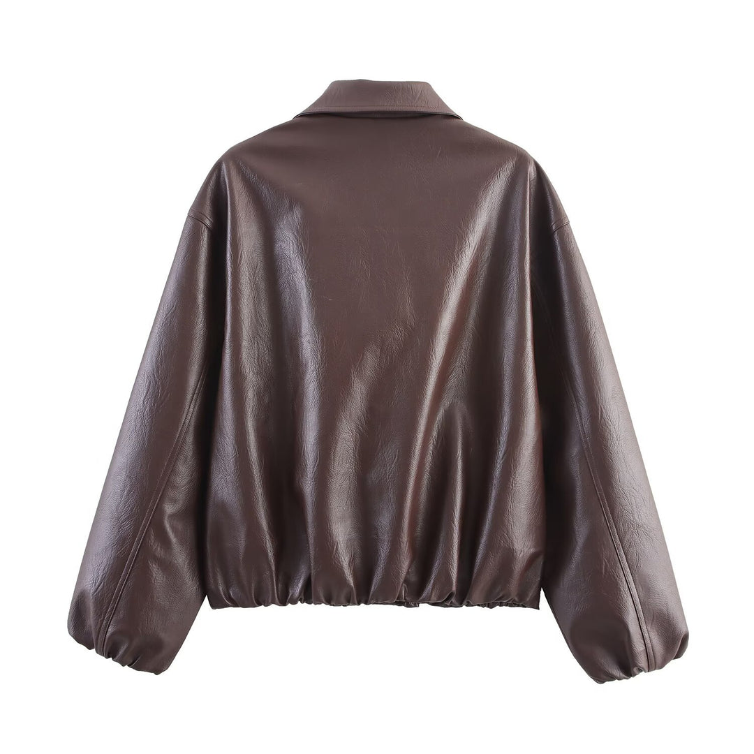 Synthetic leather jacket with high collar and elastic waist for women Lune London