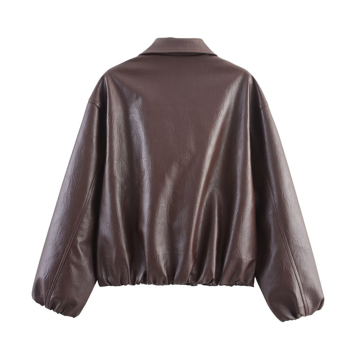 Synthetic leather jacket with high collar and elastic waist for women Lune London