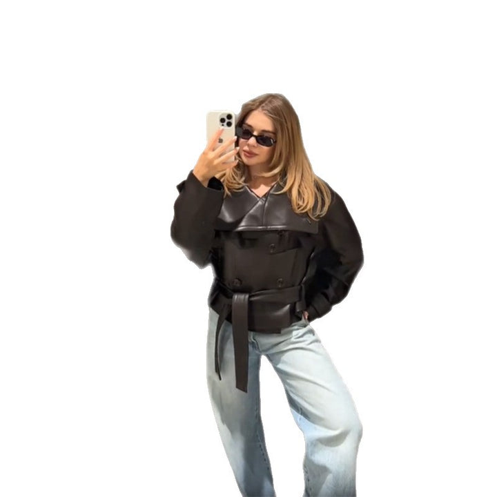 Fashionable short leather jacket for women with double-breasted buttoning and wide collar Lune London