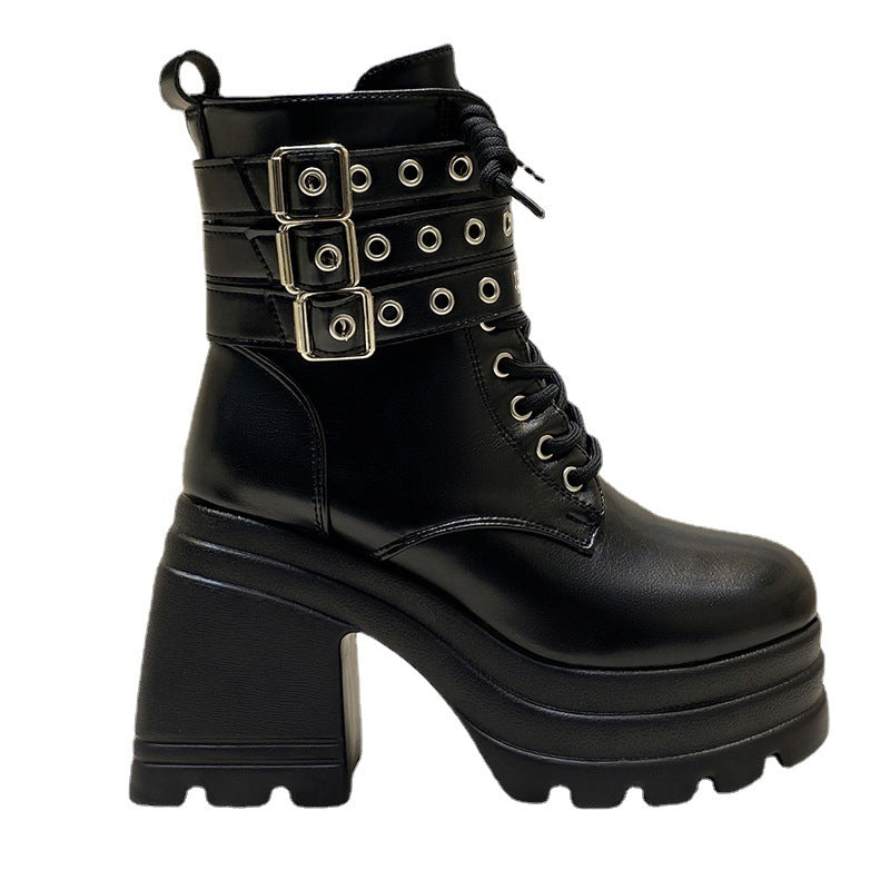 Chunky boots for women with decorative straps and a sturdy profile Lune London