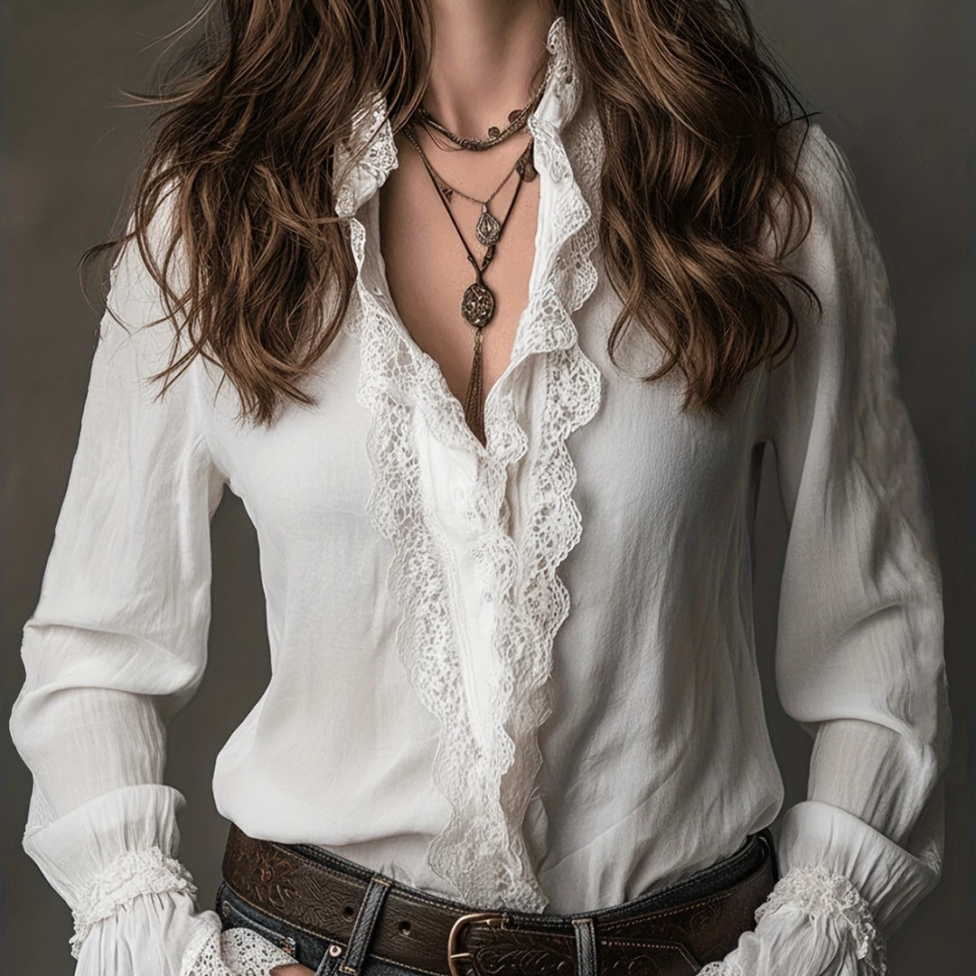 Ladies elegant blouse with ruffle details and lace trim Lune London