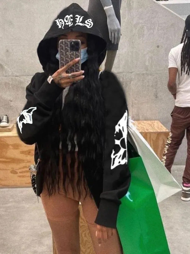 Urban hooded jacket for women with side zipper and detailed graphic print Lune London