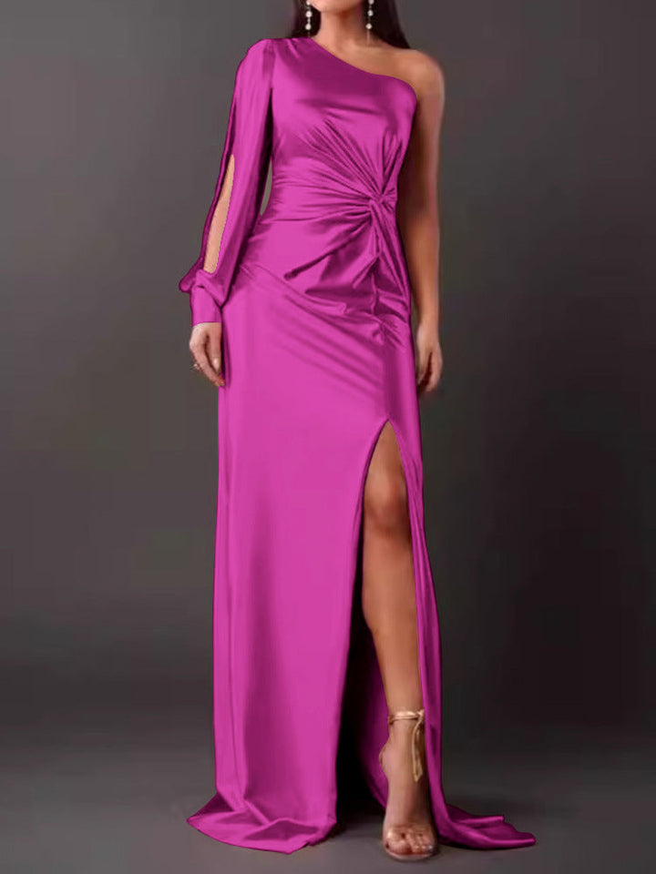 Women's Evening Dress with Asymmetric Neckline and Elegant Pleats Lune London