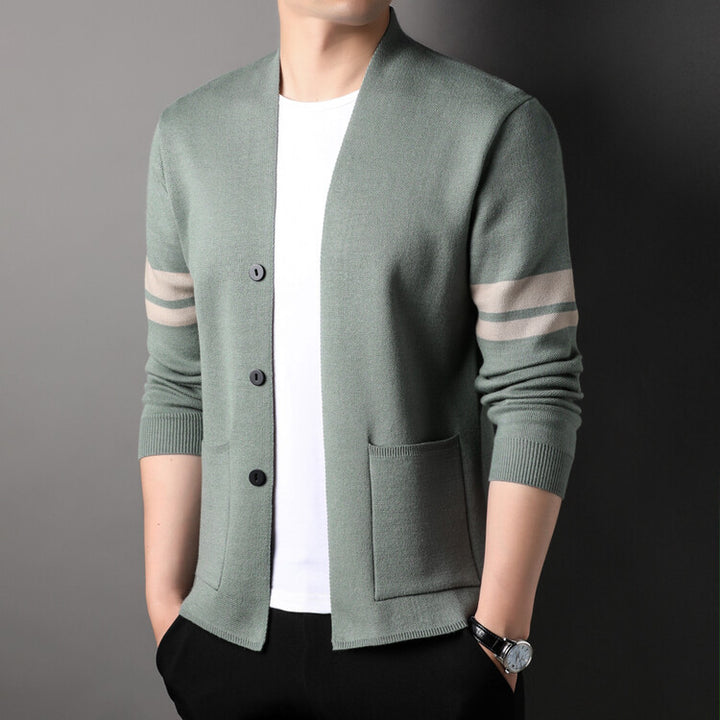 Fashion knitted cardigan for men with low collar and decorative stripes Lune London